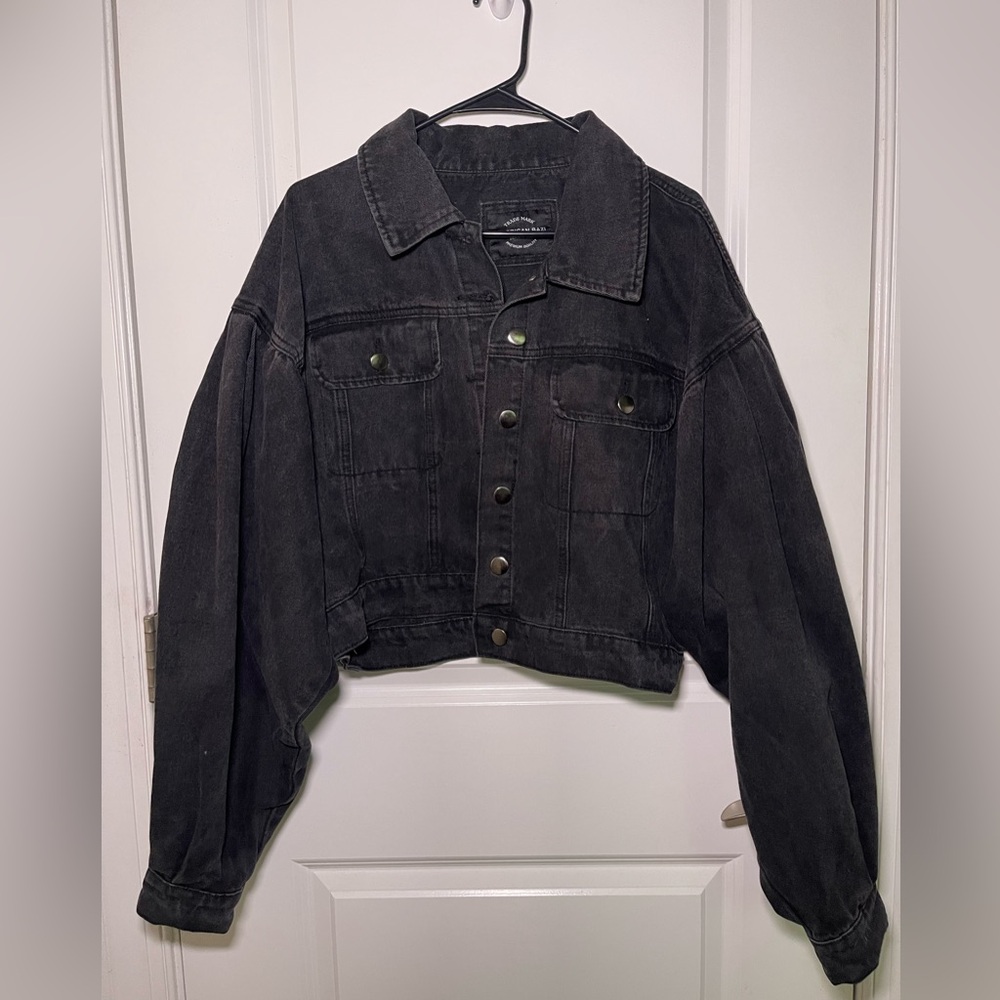 Fashion Nova Black Cropped Jean Jacket Distressed Look and Balloon Style Sleeves